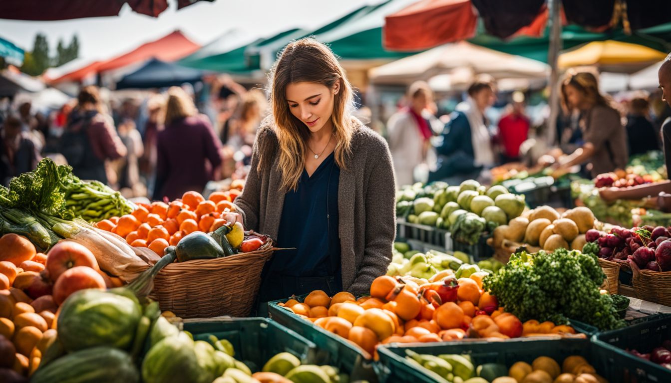 A person choosing fresh produce at a lively farmers market, captured in high-quality, realistic detail.