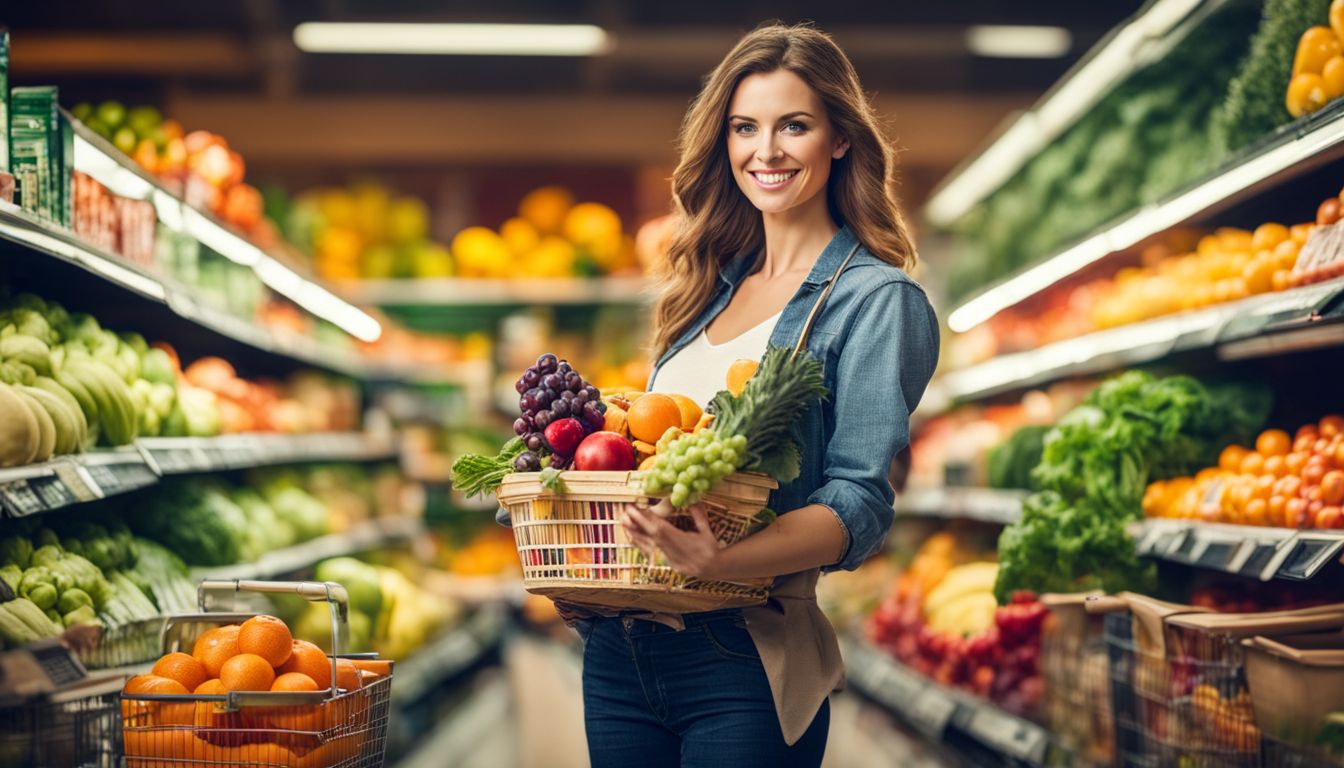 A Caucasian woman shopping in a grocery store surrounded by vibrant fruits and vegetables.