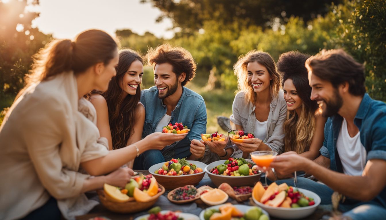 A diverse group of people enjoying a fruit salad outdoors in a vibrant and bustling setting.