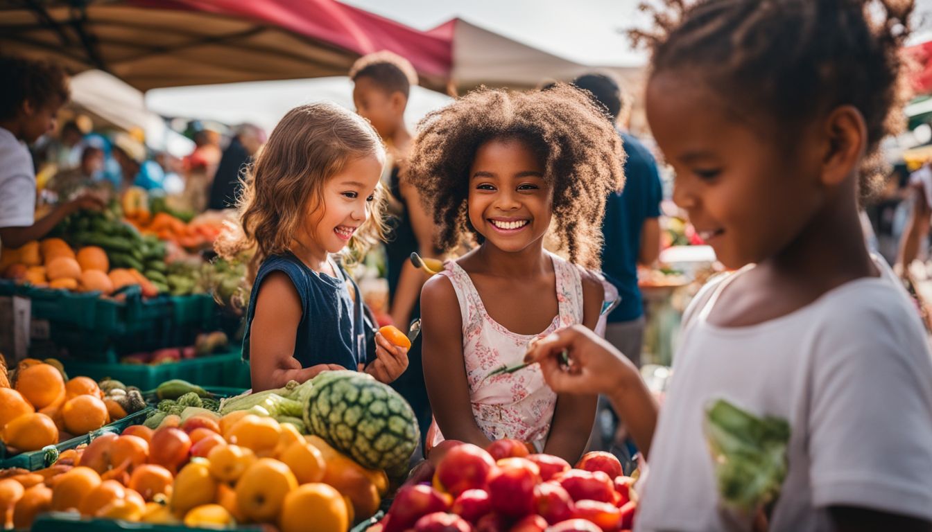 Children at a lively farmers market excitedly enjoy an array of colorful fruits and vegetables.