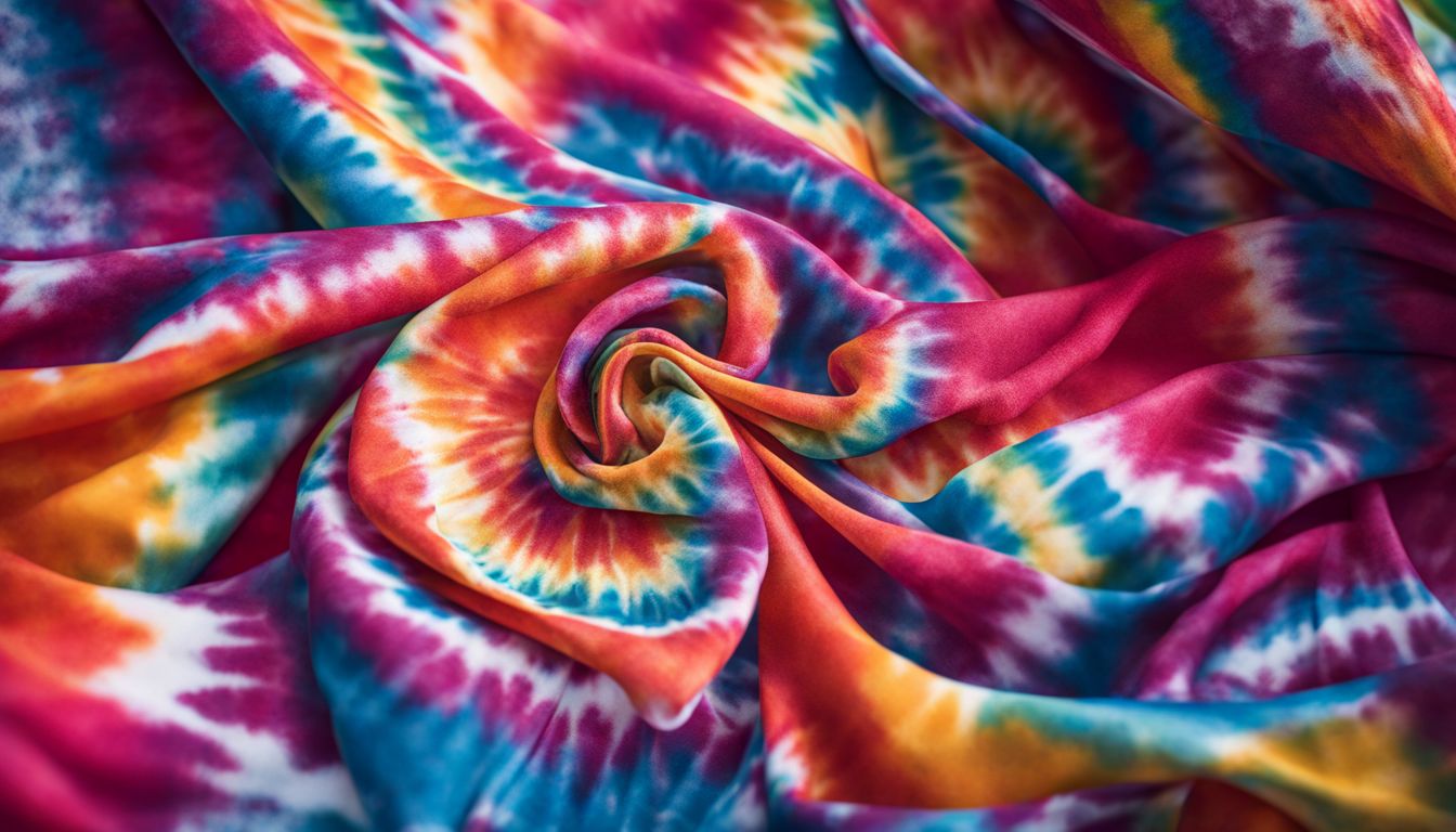 A vibrant tie-dye fabric swirling in colorful patterns against a picturesque natural backdrop with diverse people and styles.