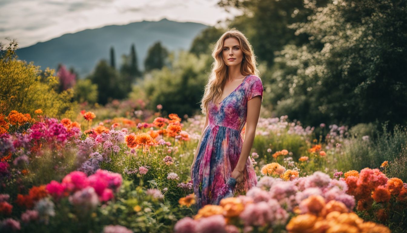 A vibrant woman in a tie-dye dress is surrounded by blooming flowers in a garden.
