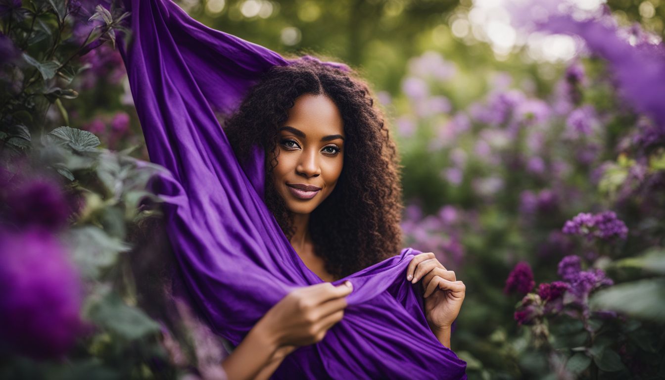 A woman holds a vibrant purple fabric dyed with logwood extract in a beautiful garden.