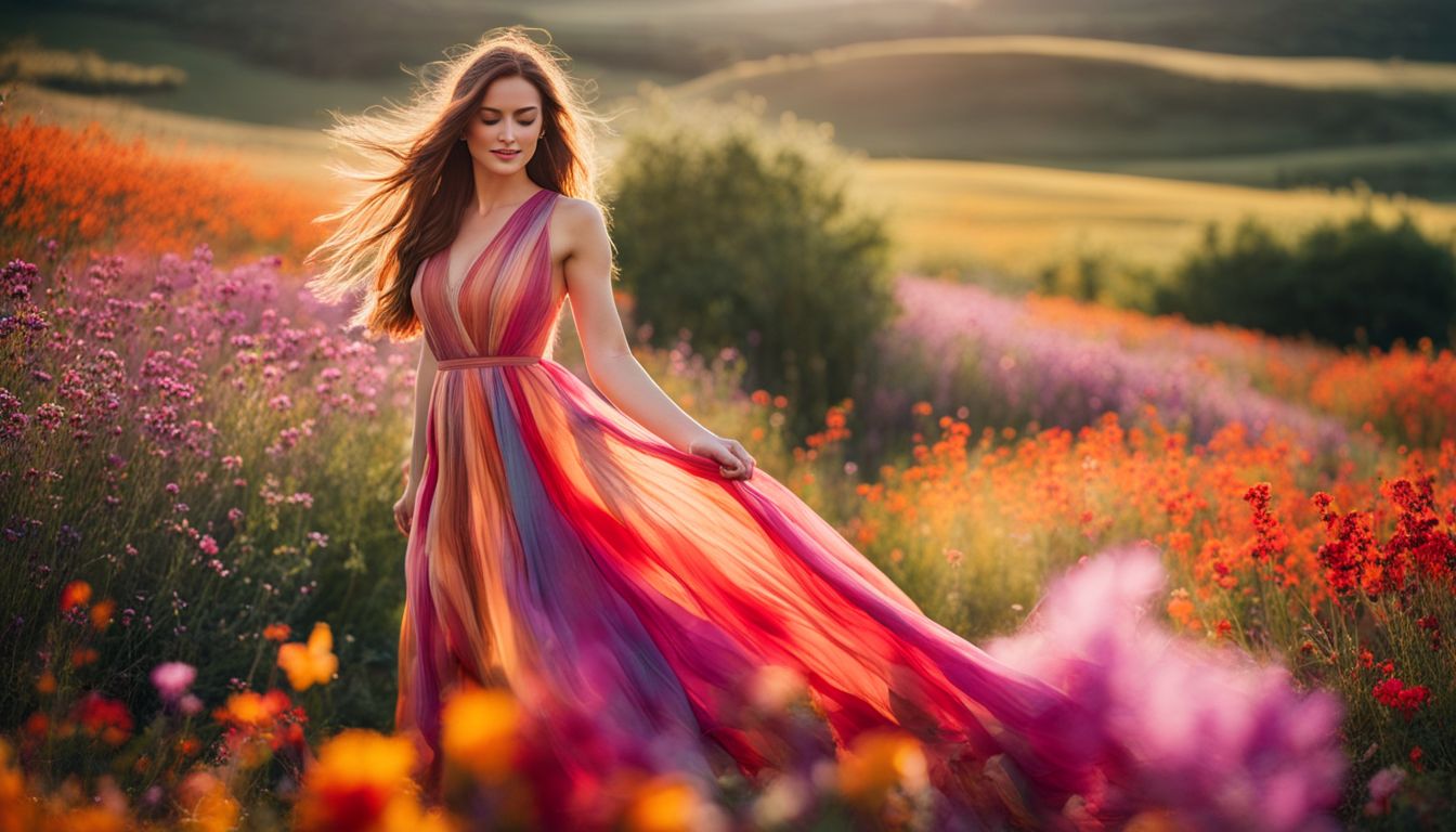 A Caucasian woman in a vibrant dress surrounded by colorful flowers in a natural setting.
