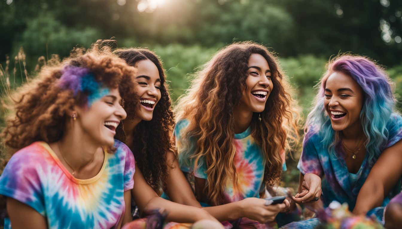 A diverse group of friends wearing tie-dye clothes, having fun in a colorful outdoor setting, captured in high-quality.