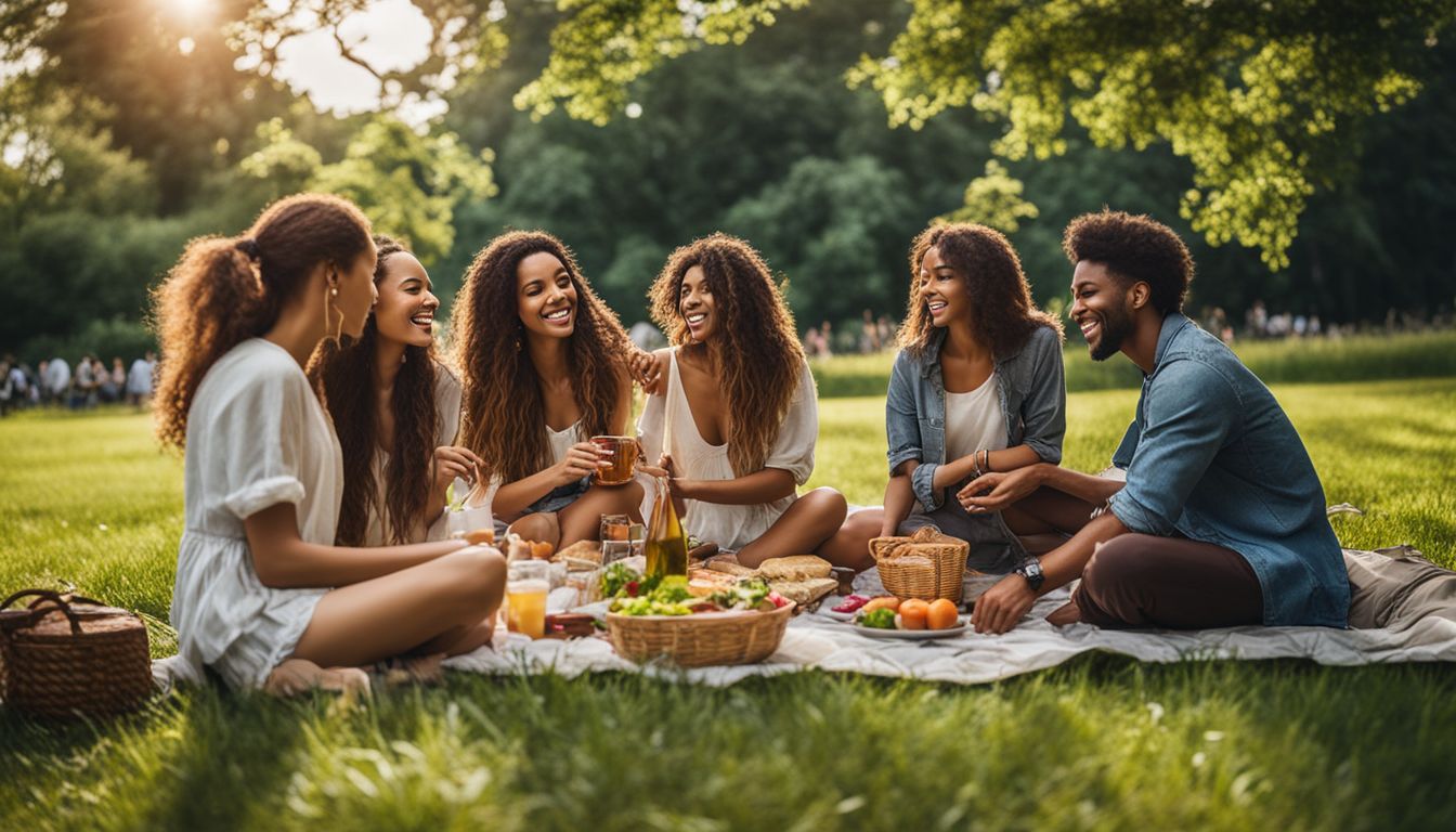 Photo of diverse group of friends having a picnic in a vibrant park, captured with high-quality camera for a realistic look.