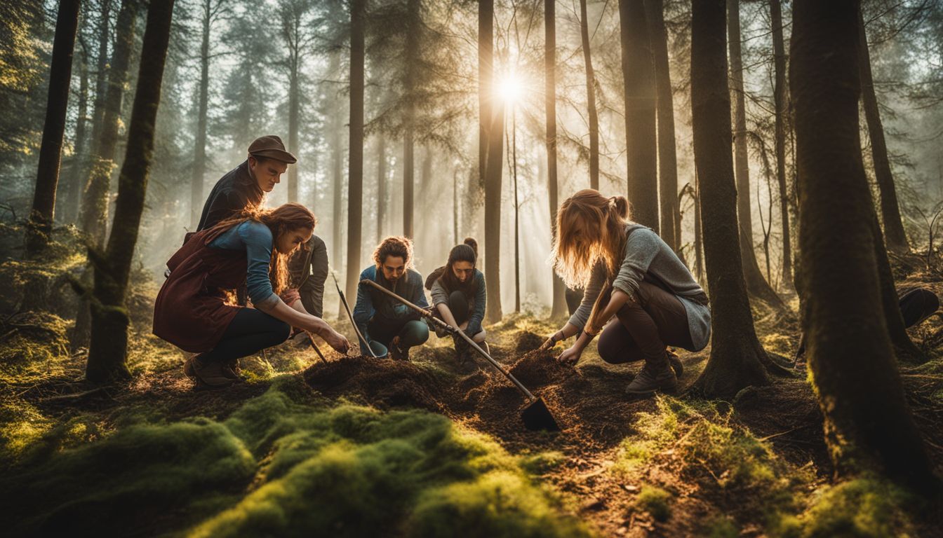 A diverse group of people planting trees in a forest, creating a bustling atmosphere.