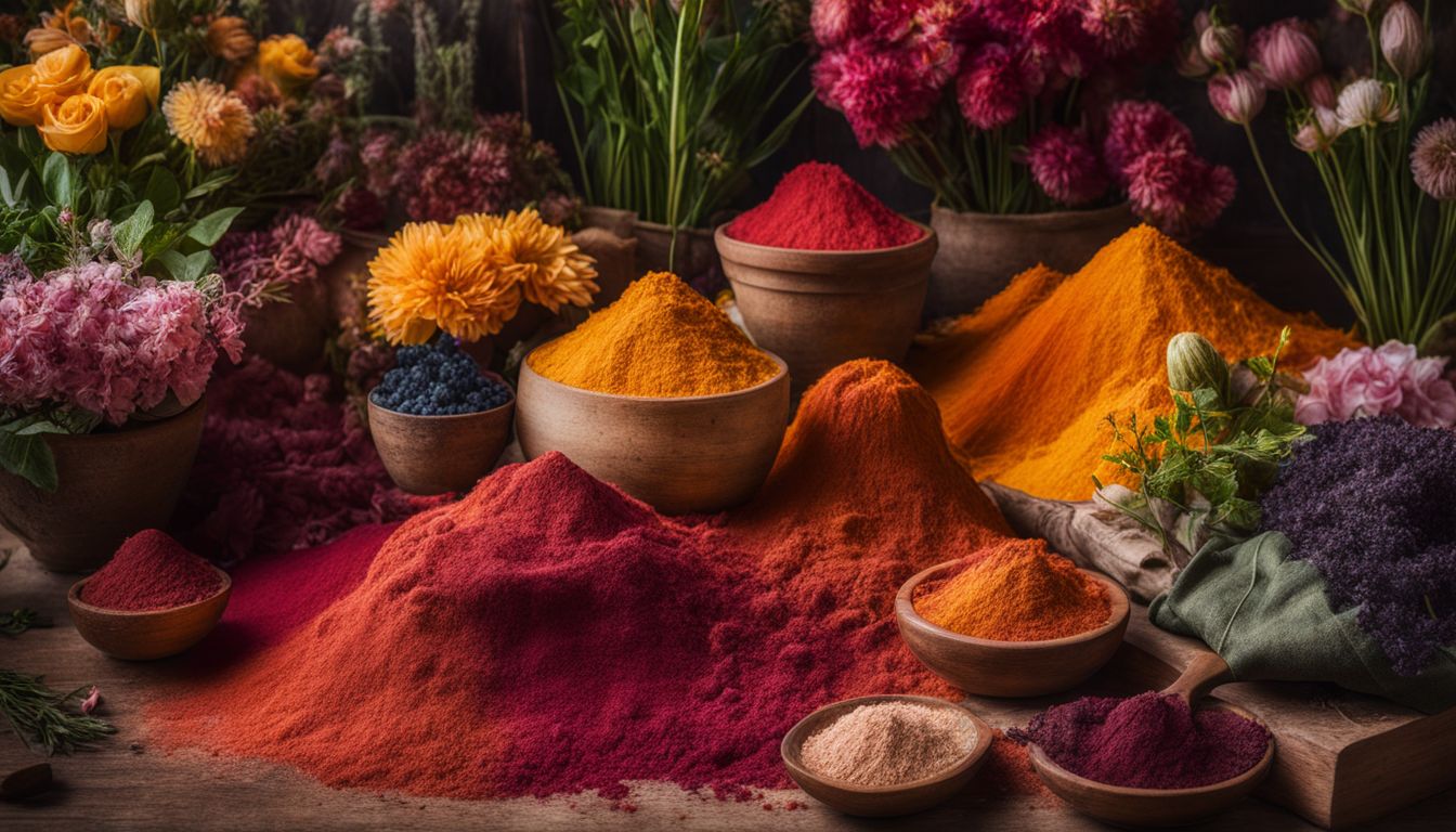 A vibrant photo of various natural dyes surrounded by plants and flowers, featuring people with different appearances and outfits.