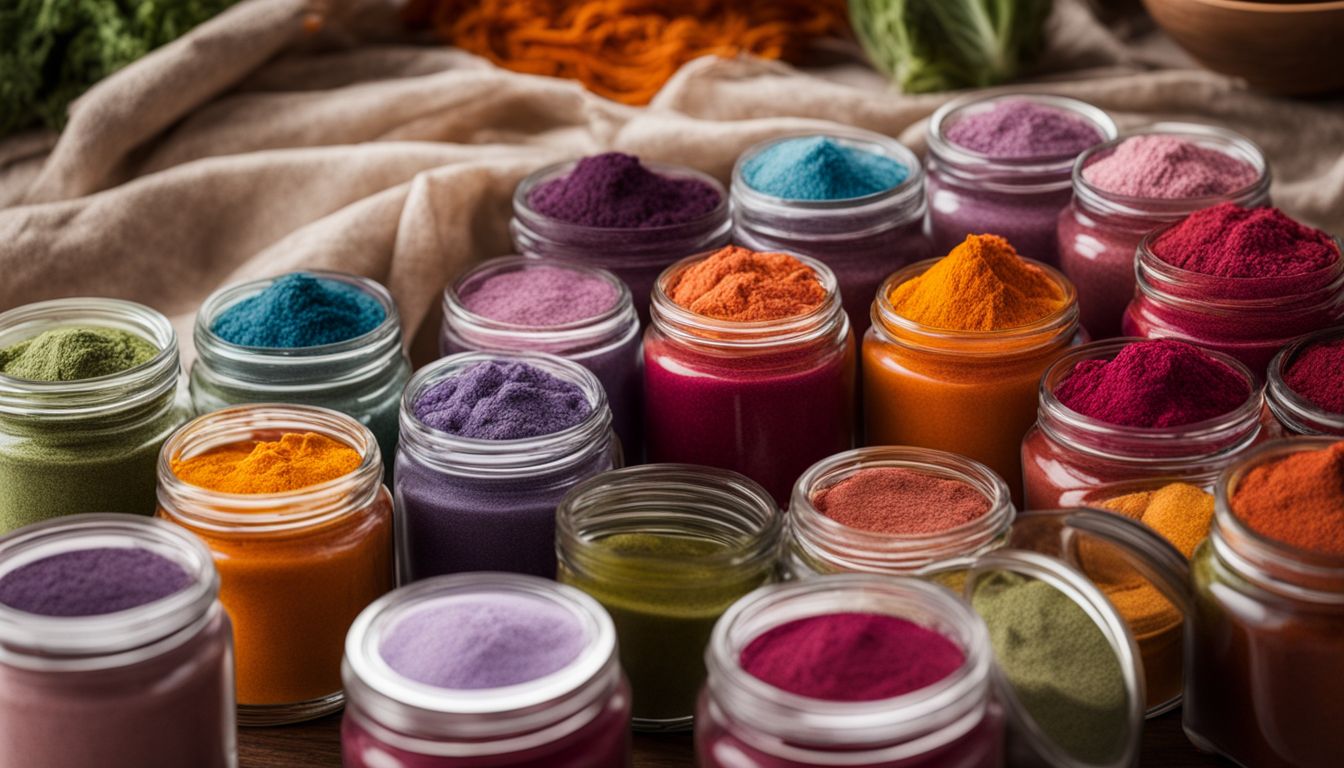 A photo of vegetable dye powders in glass jars surrounded by colorful fabric swatches, depicting diversity and vibrancy.