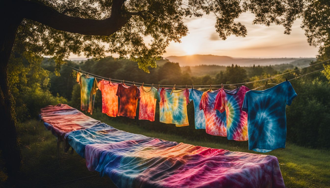 A vibrant tie-dye shirt hanging on a clothesline in a lush outdoor setting, with diverse people and outfits.