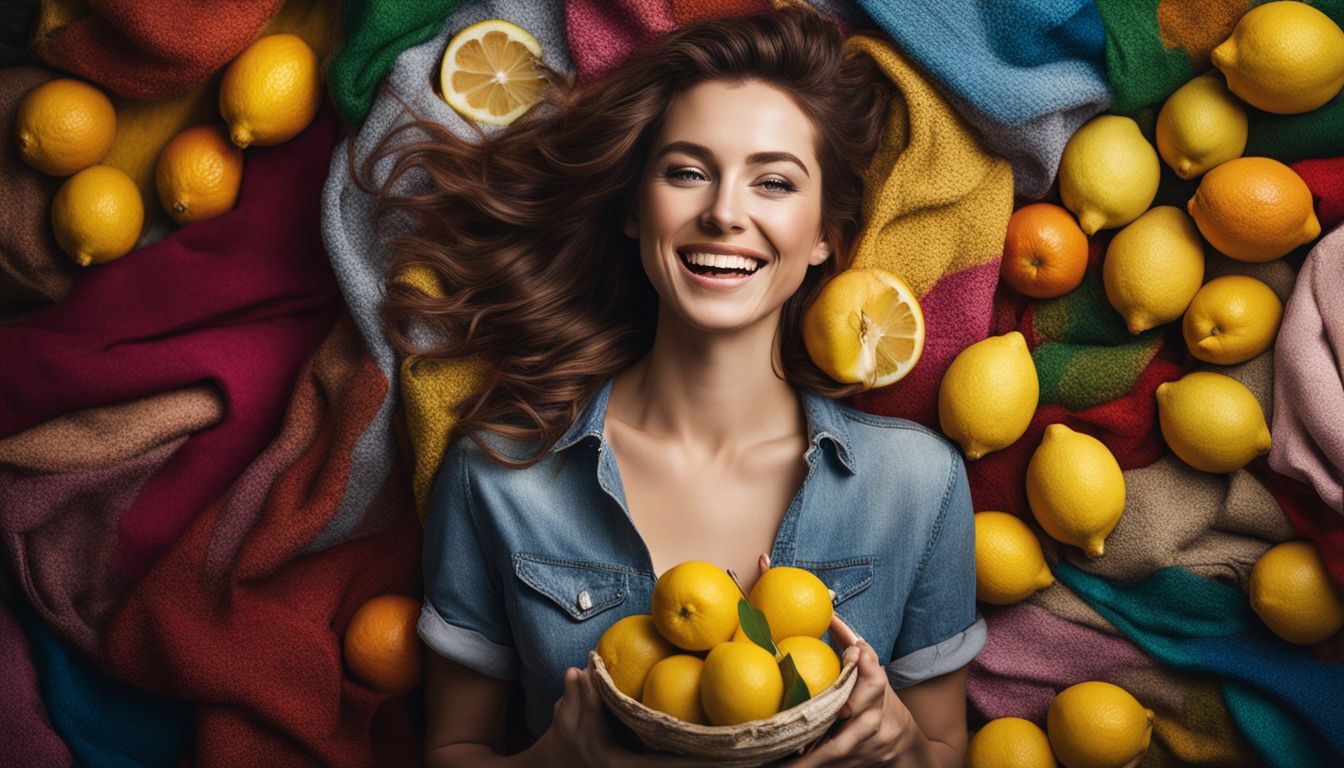 A woman smiles while holding a lemon and vinegar in front of stained clothes, showcasing different faces, hair styles, and outfits.