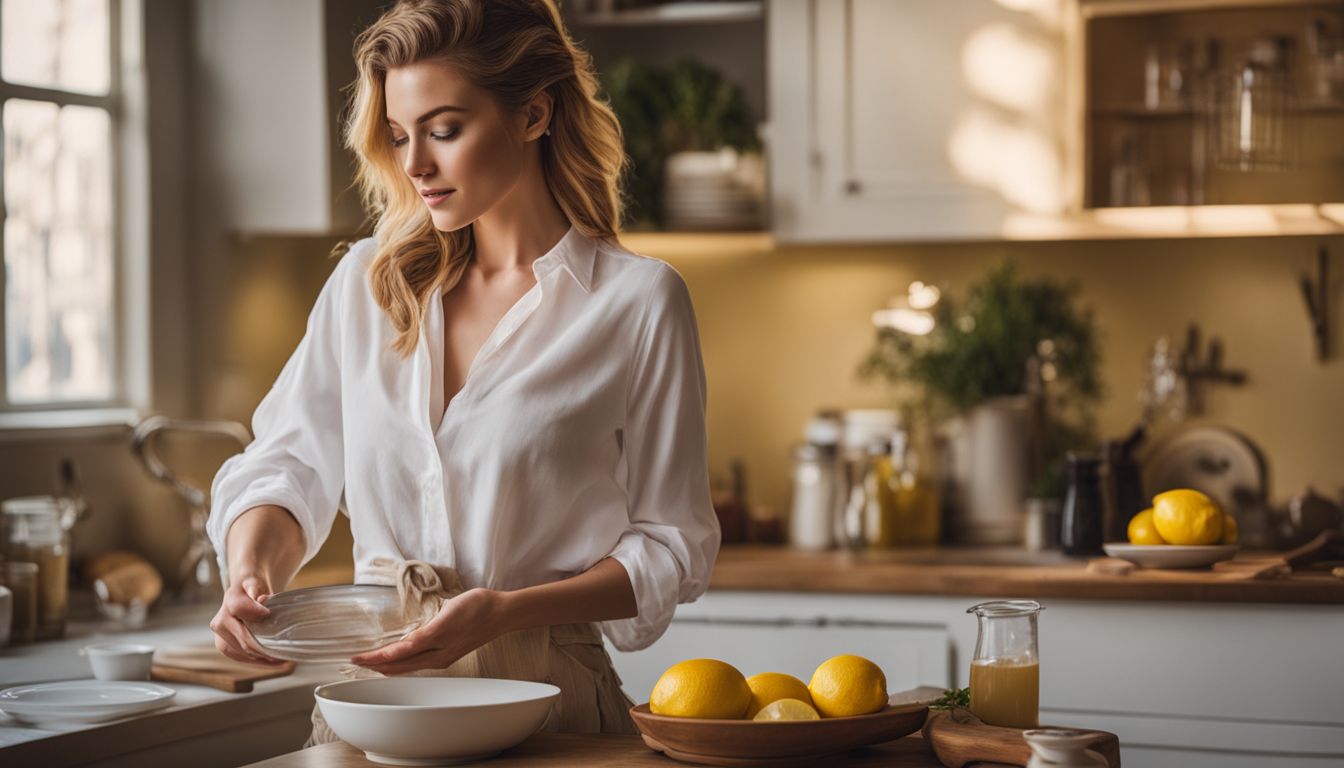 A Caucasian woman holds a clean white shirt surrounded by bowls of vinegar, lemon juice, and baking soda.