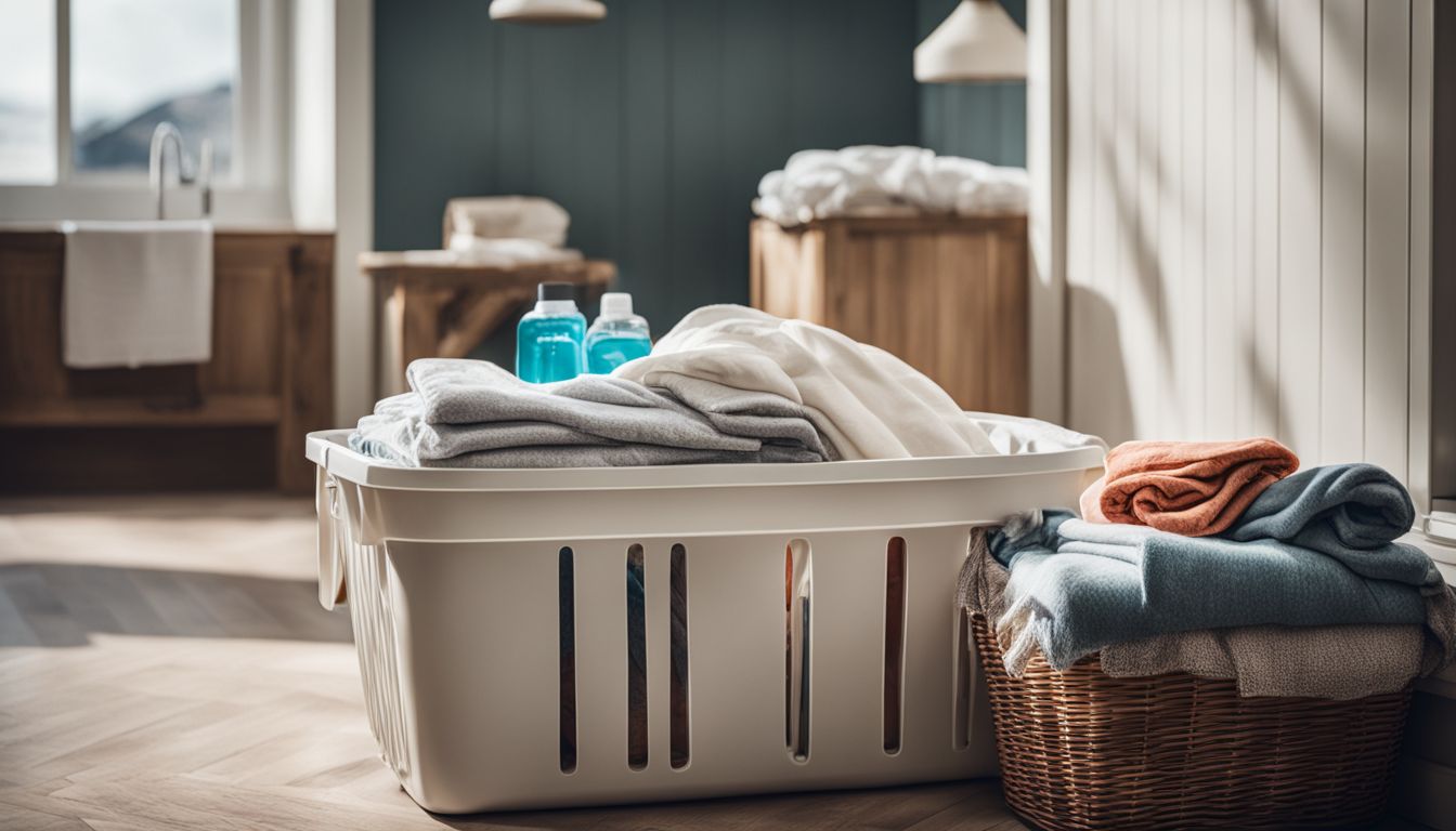 A photo of a laundry basket filled with stained clothes surrounded by bottles of laundry detergent.