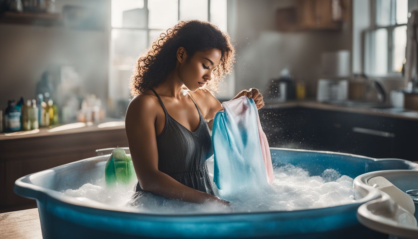 A woman is washing a stained garment in a basin of cold water with laundry detergent.