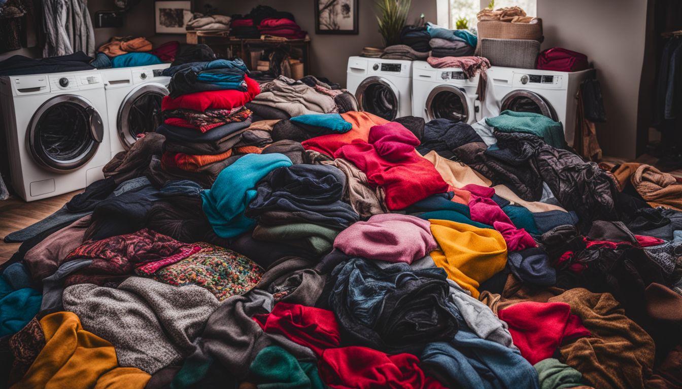 A vibrant assortment of clothing items surrounded by washing machines, showcasing diverse styles and people.