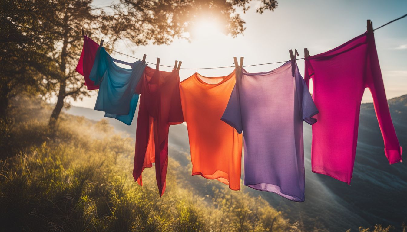 Colorful clothes drying on a clothesline with a spray bottle of vinegar nearby, showcasing diversity and bustling atmosphere.