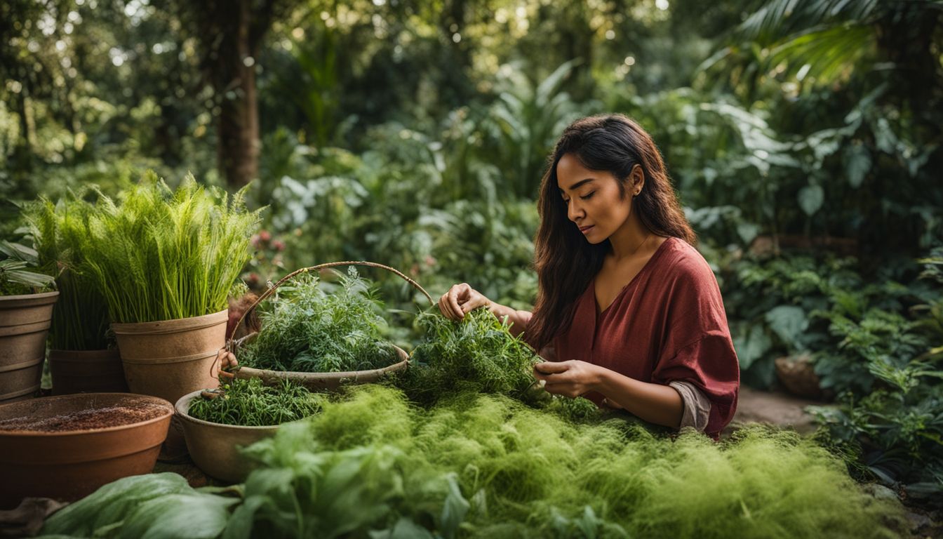 A woman gathers plants in a botanical garden for natural dyeing, photographed in different styles and outfits.