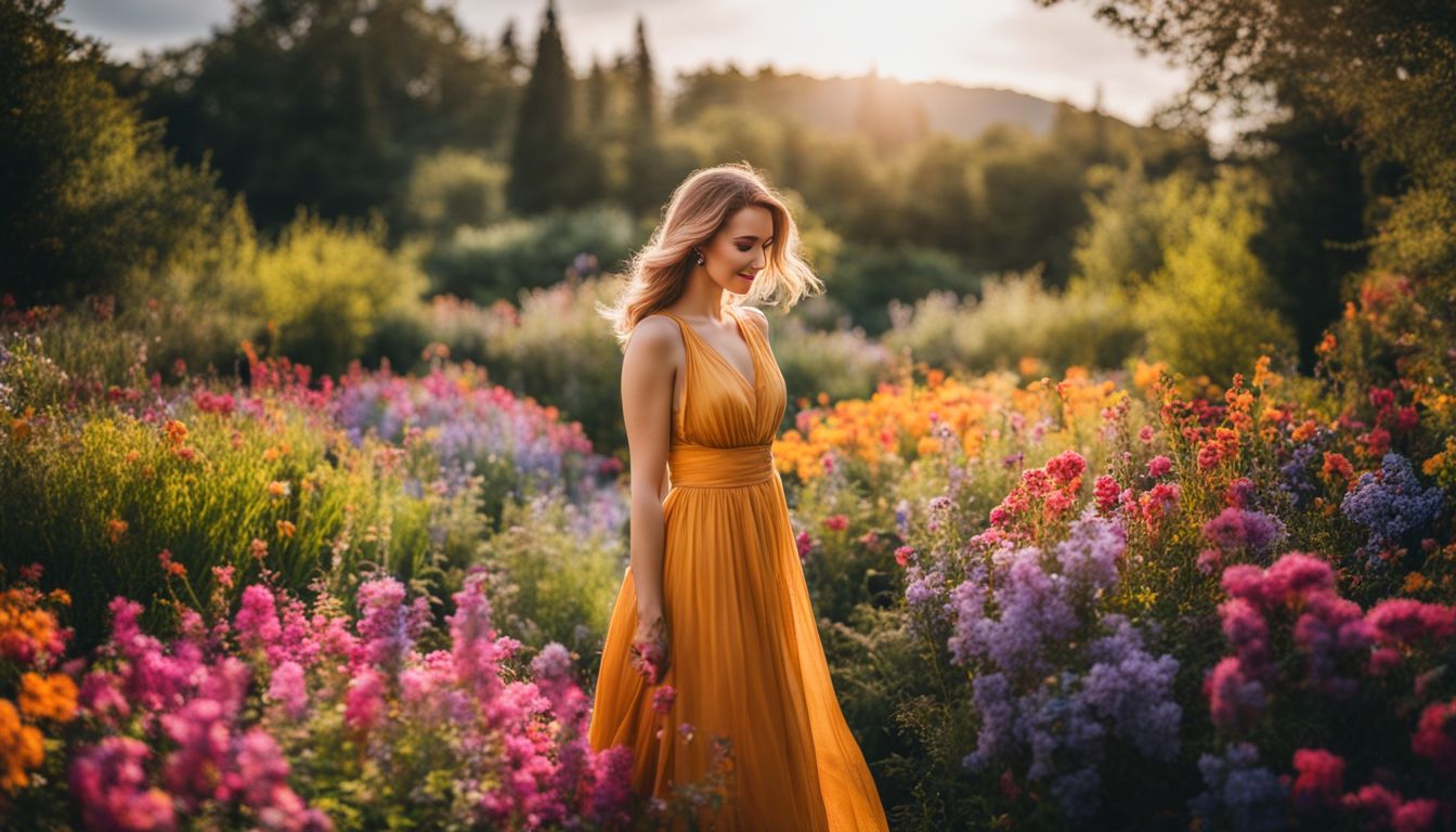 A photo of a woman in a naturally dyed dress surrounded by vibrant flowers in a bustling garden.