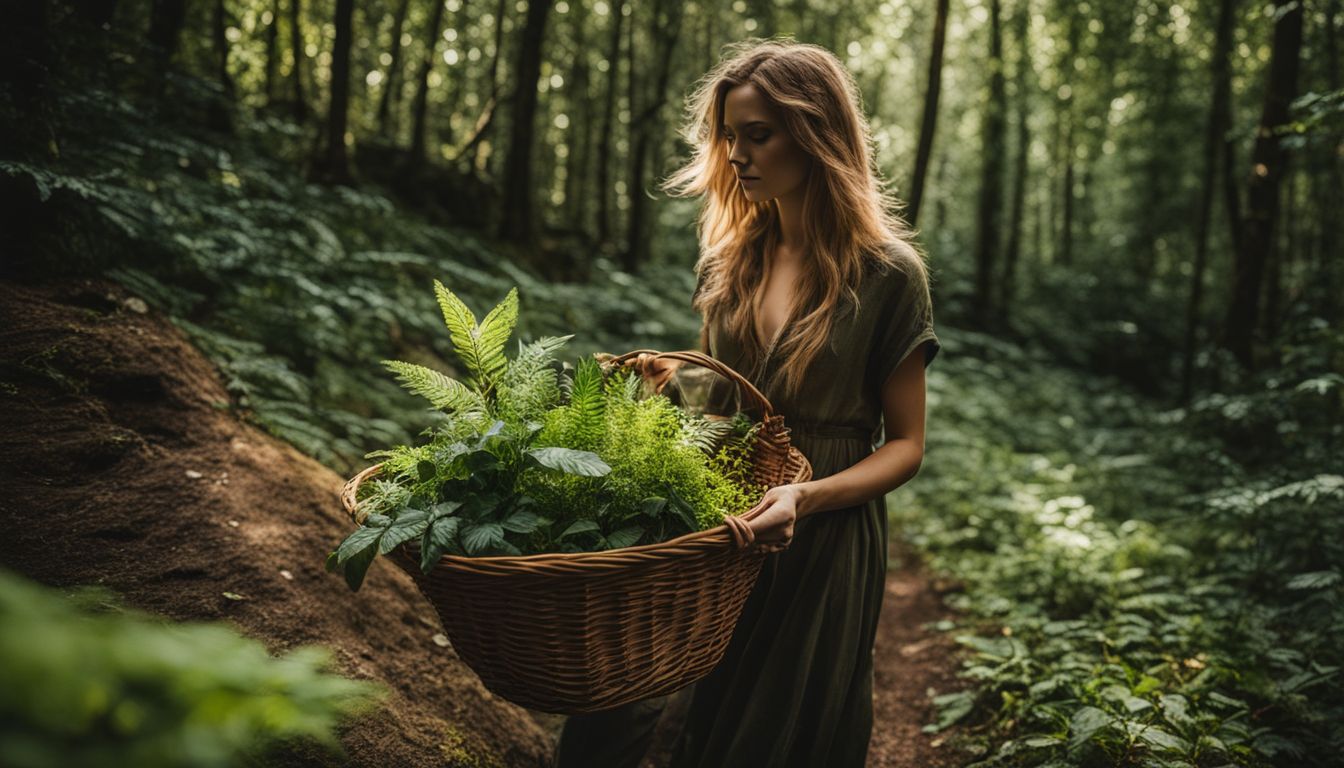 A person gathers plants in a forest for dyeing, capturing the diverse beauty of nature through photography.