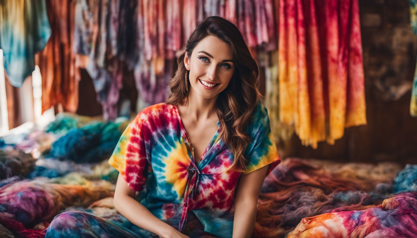 The image showcases a woman surrounded by vibrant tie-dye fabrics and dyeing materials in a bustling atmosphere.