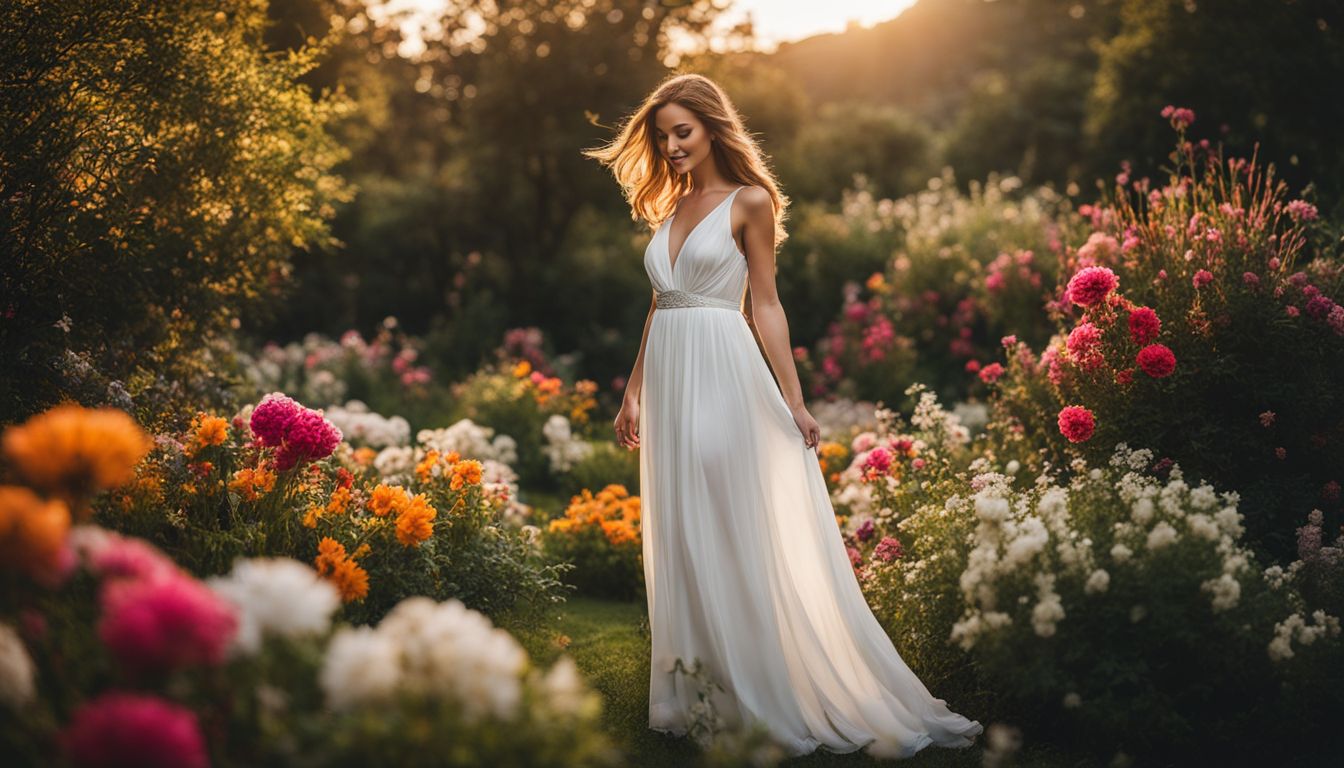 A Caucasian woman in a flowing white dress surrounded by vibrant flowers in a garden.