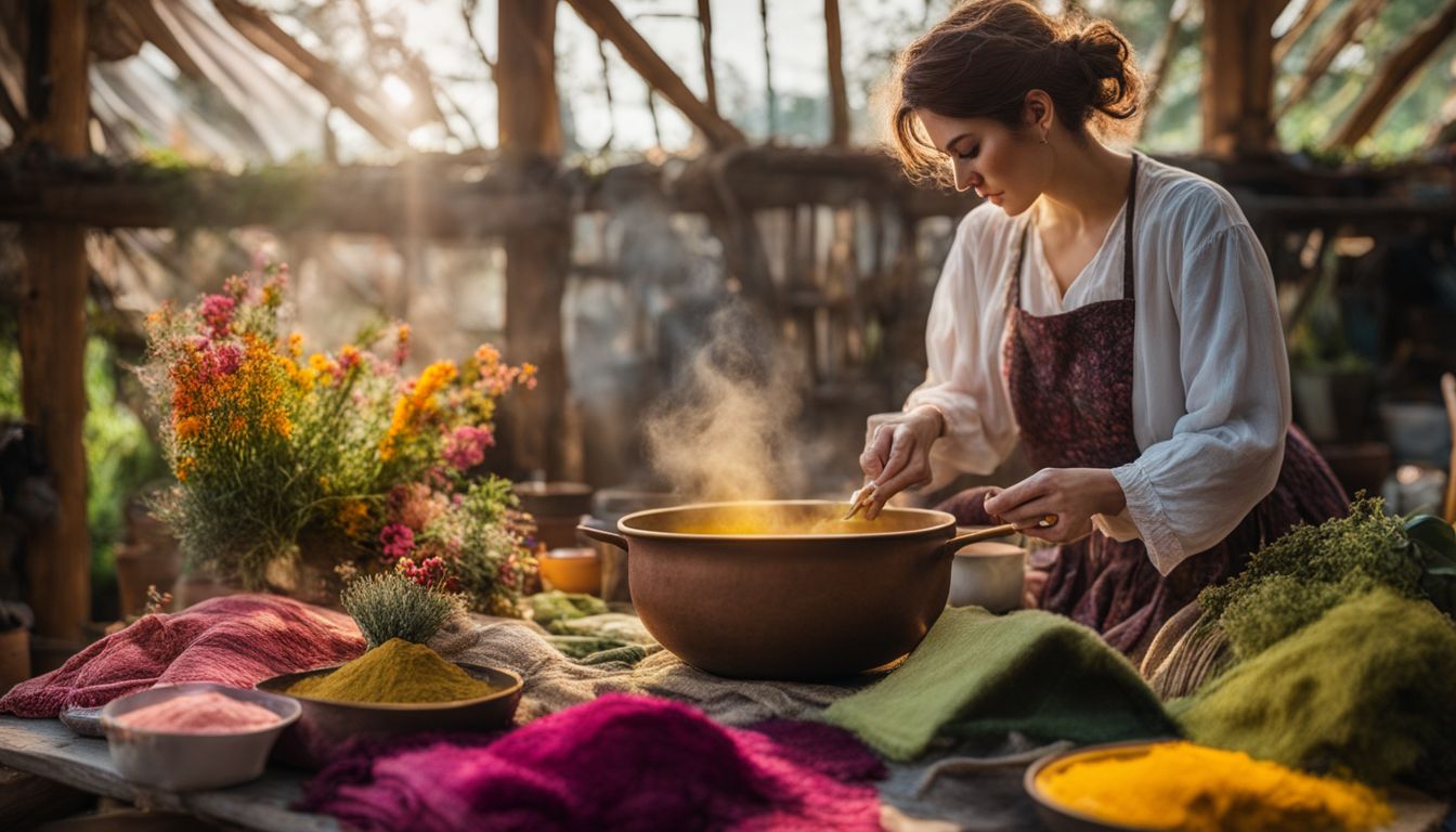 A person stirring a pot of natural dye surrounded by colorful fabric samples in a bustling atmosphere.