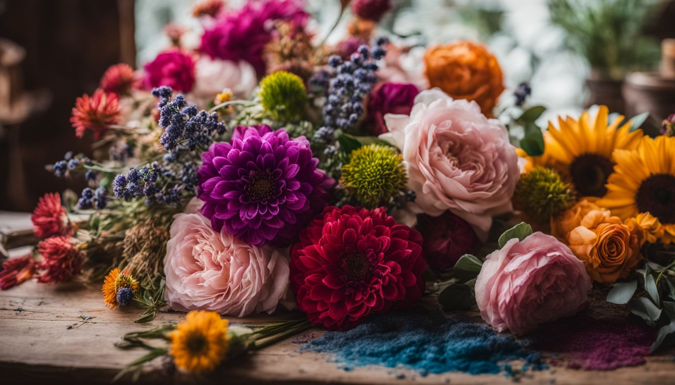 A colorful bouquet of flowers surrounded by natural dyes and dyeing tools, featuring diverse faces, hair styles, and outfits.