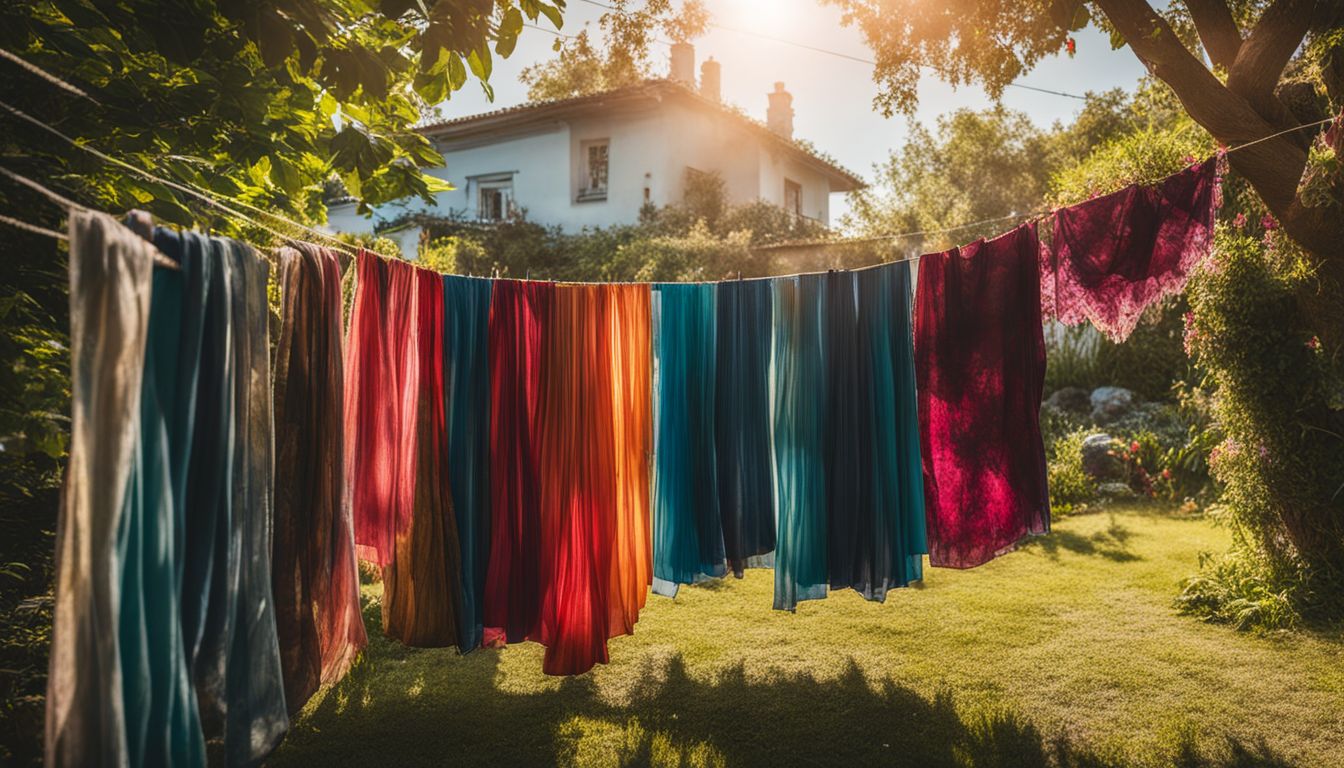 A colorful array of fabric hanging on a clothesline in a vibrant garden setting.