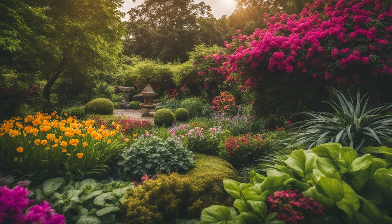 A photo of a diverse group of people in a lush garden with vibrant flowers and plants.