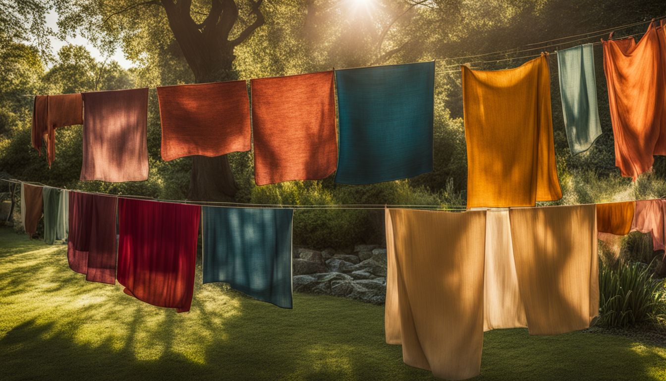 A photo of diverse people in colorful outfits with naturally-dyed fabrics hanging on a clothesline in a sunlit garden.