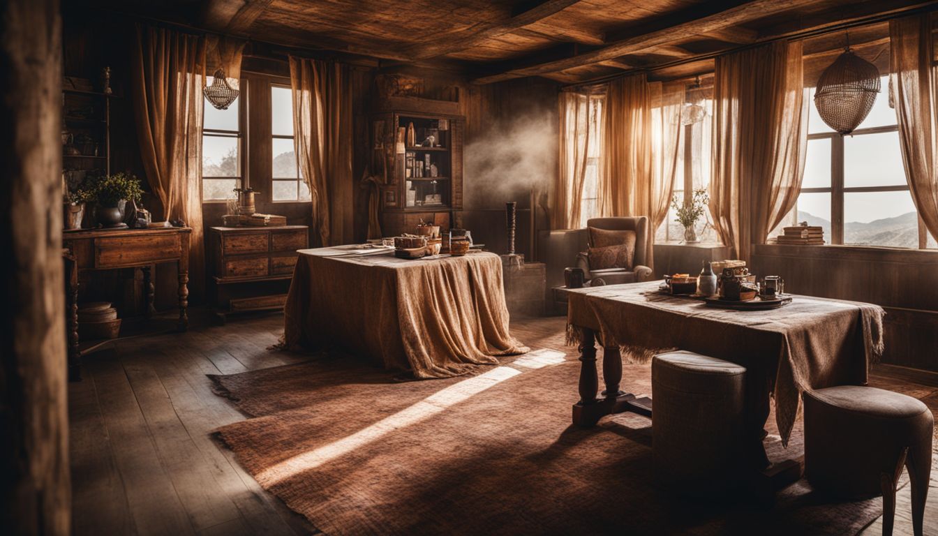 How Can I Darken Fabric Without Dye: A vintage-inspired room with a rustic wooden table covered in coffee-stained fabric, photographed with attention to detail and a bustling atmosphere.