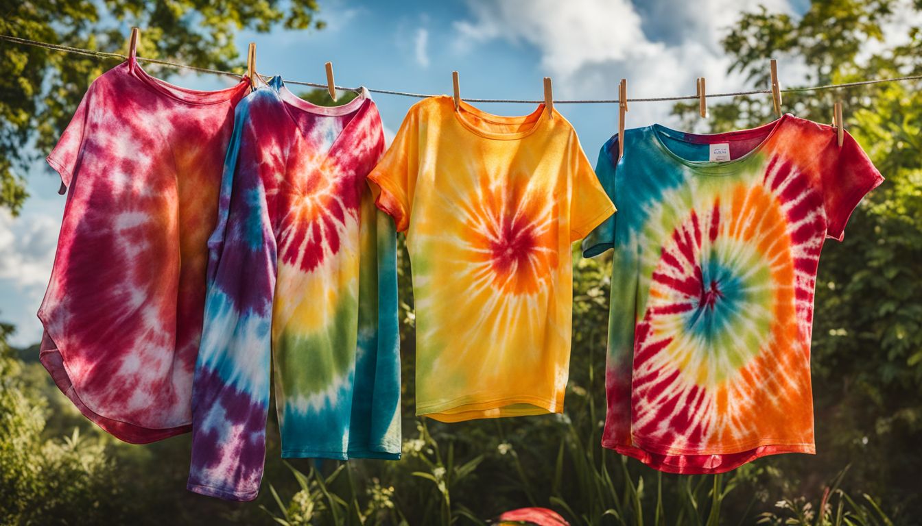 A vibrant tie-dye shirt hangs on a clothesline in a sunny garden, showcasing different styles, outfits, and people.