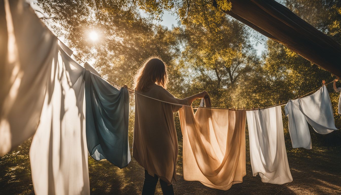 A person hanging freshly washed fabric on a clothesline in a sunny outdoor landscape.