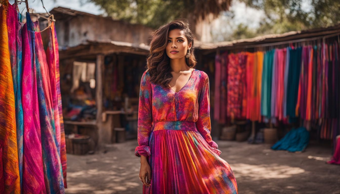 A woman in a vibrant cochineal-dyed dress stands in front of a colorful textile workshop surrounded by different faces, hairstyles, and outfits.