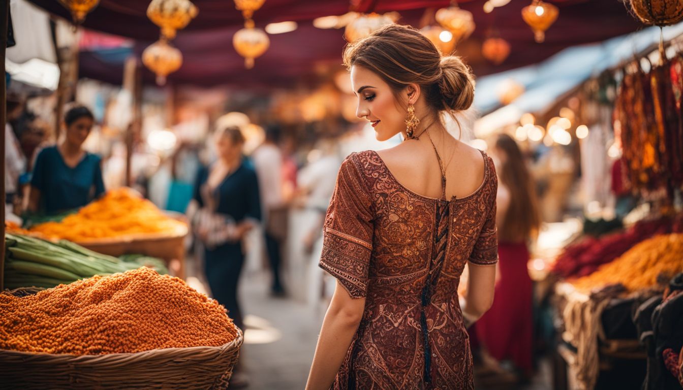 A person wearing a henna-inspired printed dress walking through a vibrant outdoor market, showcasing different faces, hair styles, and outfits.