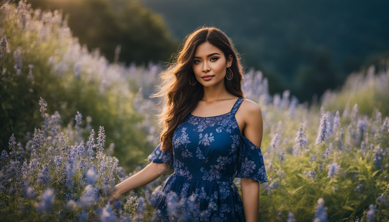 A woman stands in a field of blooming indigo flowers, surrounded by a diverse collection of faces, hair styles, and outfits.
