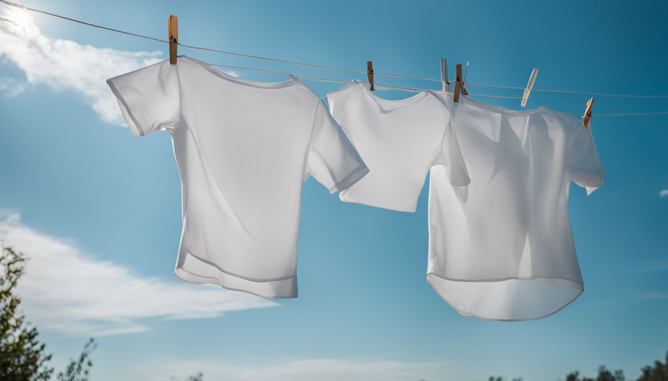 A white shirt hanging on a clothesline in a natural setting with various people and styles.