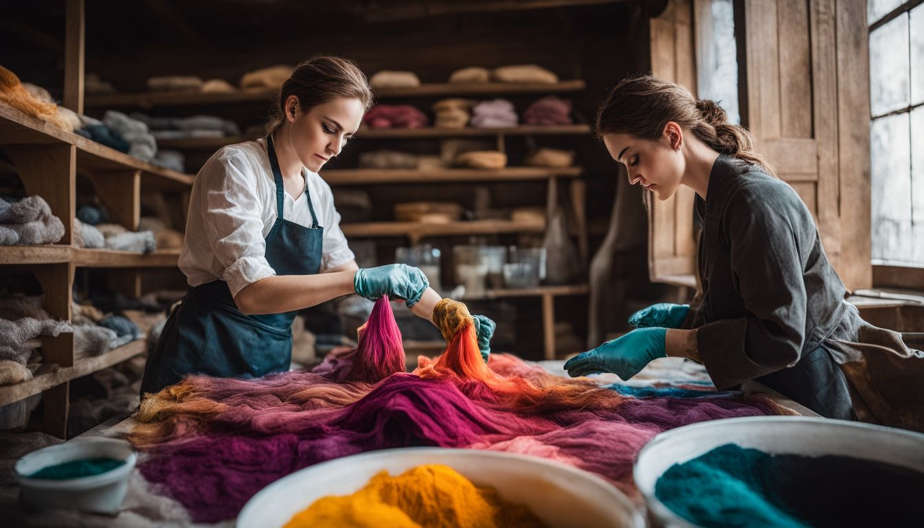 A person prepares fabric for dyeing surrounded by colorful natural dyes, wearing protective gloves in a bustling atmosphere.