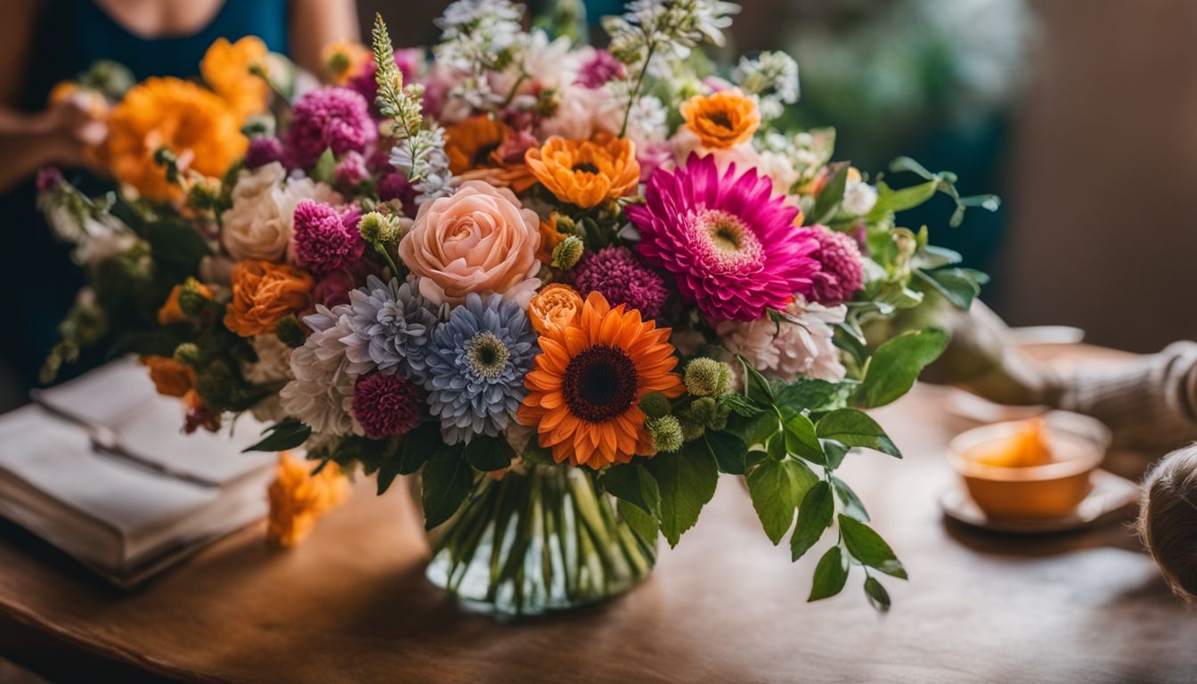 A bouquet of colorful flowers arranged with care, surrounded by diverse people in various hairstyles and outfits.