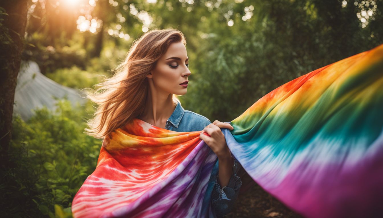 A hand holding a vibrant tie-dye fabric against a backdrop of nature, featuring diverse individuals with different styles and outfits.