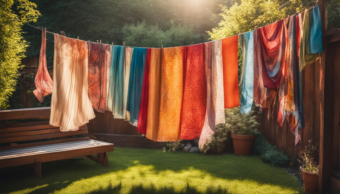 A vibrant assortment of fabrics hangs on a clothesline in a sunny backyard, capturing diverse styles and patterns.