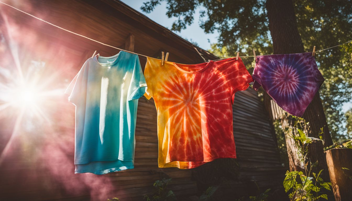 A colorful tie-dye shirt hanging on a clothesline in a sunlit backyard, with various people and outfits.