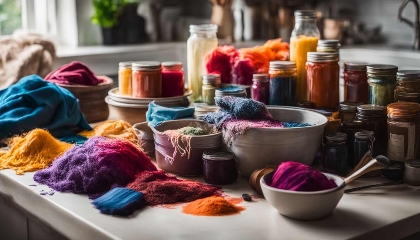 A vibrant assortment of fabric dyes and tools for dyeing fabrics, displayed on a clean countertop.