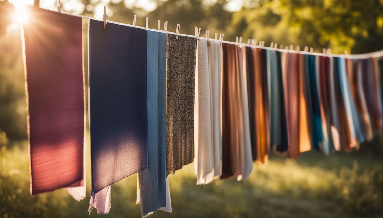 Colorful fabric swatches hanging on a clothesline outdoors, showcasing different styles and faces.