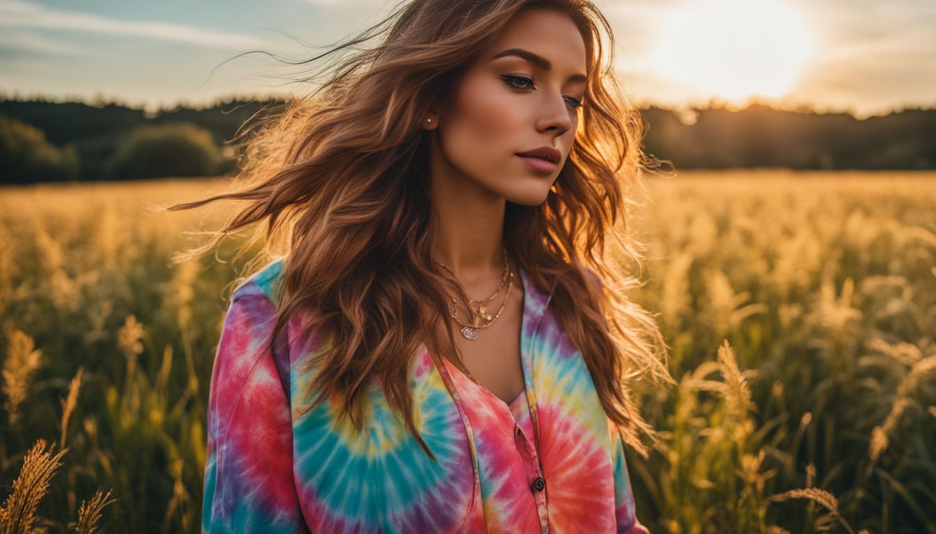 A colorful person in tie-dye clothes stands in a sunny field, surrounded by a diverse group of people with different styles.