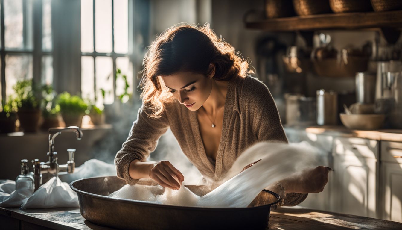 A woman is carefully soaking fabric in a vinegar and salt solution in a well-lit setting with various faces, hairstyles, and outfits.