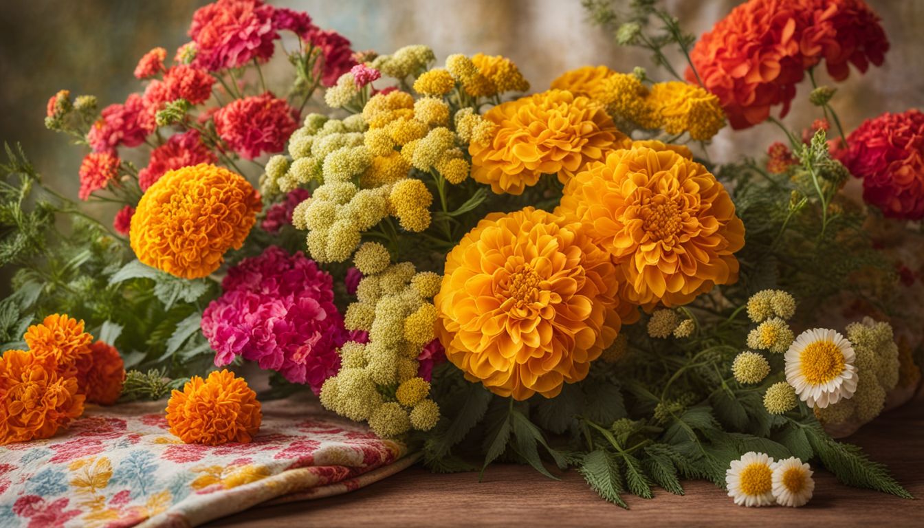 A vibrant bouquet of marigold, goldenrod, hydrangeas, dyer's chamomile, and geraniums against a backdrop of colorful fabric.