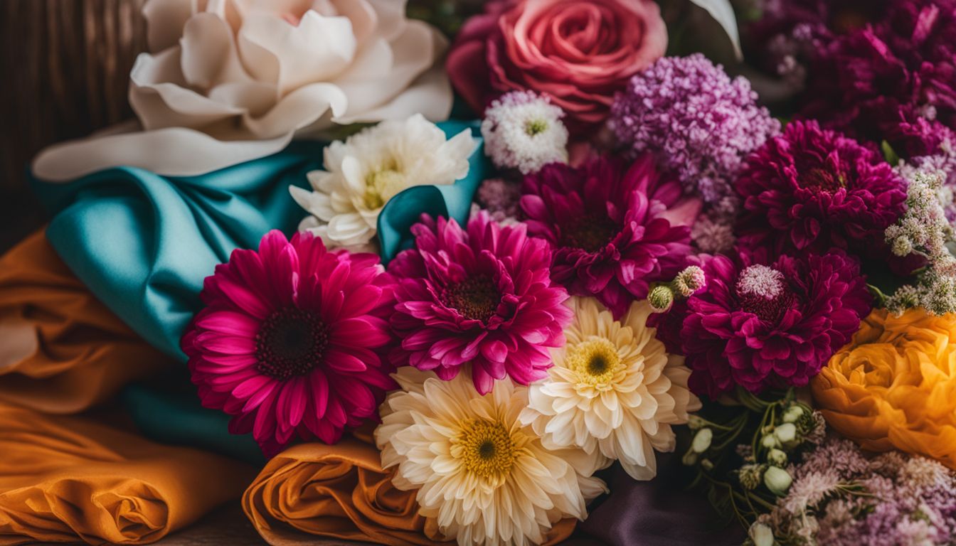 A photo of a bouquet of flowers and colorful fabrics with various people, hairstyles, and outfits in a vibrant atmosphere.