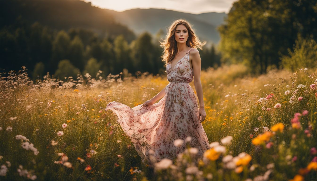 A Caucasian woman wearing a floral dress stands in a vibrant meadow surrounded by blooming flowers.