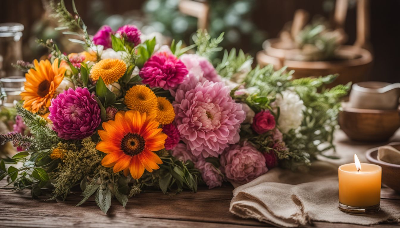 A bouquet of vibrant flowers on a rustic table with diverse people and natural fabric napkins.